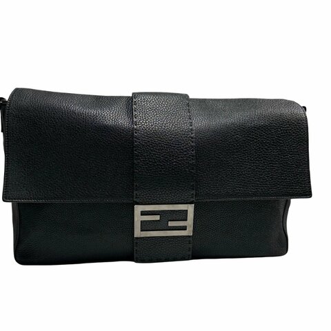 FENDI Calfskin Leather Baguette messenger Messenger Bag PHW Black