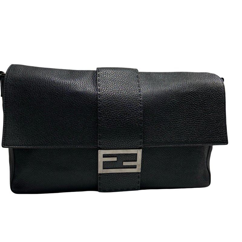 FENDI Calfskin Leather Baguette messenger Messenger Bag PHW Black-0