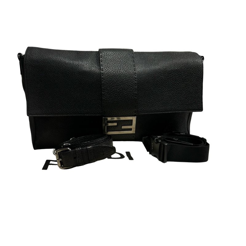 FENDI Calfskin Leather Baguette messenger Messenger Bag PHW Black-1