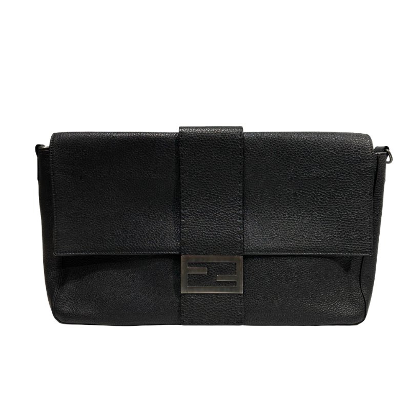 FENDI Calfskin Leather Baguette messenger Messenger Bag PHW Black-2