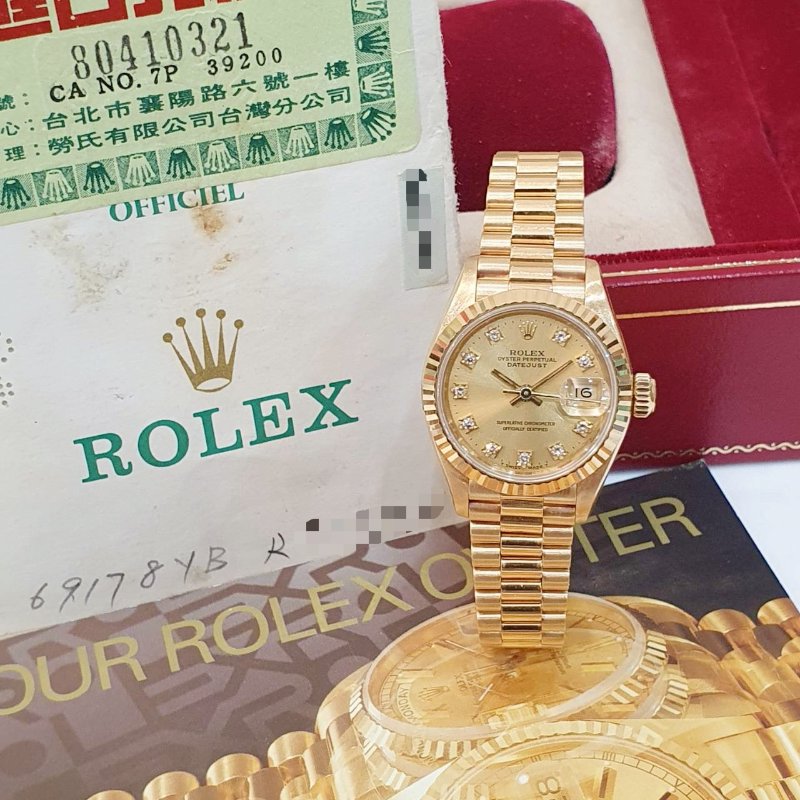 【大眾名錶】ROLEX勞力士 69178 Datejust 18K蠔式女款 金色十鑽面盤 台灣公司貨 錶徑26mm 自動上鍊 大眾名錶G270-1