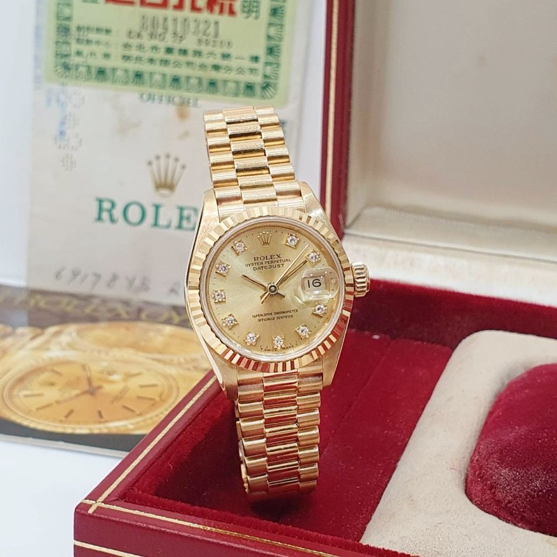 【大眾名錶】ROLEX勞力士 69178 Datejust 18K蠔式女款 金色十鑽面盤 台灣公司貨 錶徑26mm 自動上鍊 大眾名錶G270-3