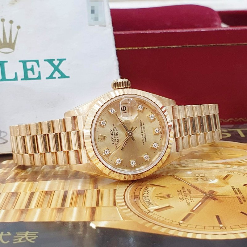 【大眾名錶】ROLEX勞力士 69178 Datejust 18K蠔式女款 金色十鑽面盤 台灣公司貨 錶徑26mm 自動上鍊 大眾名錶G270-4