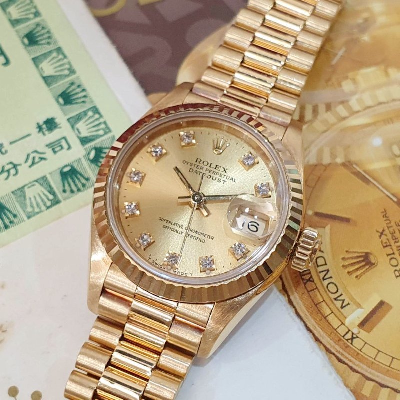 【大眾名錶】ROLEX勞力士 69178 Datejust 18K蠔式女款 金色十鑽面盤 台灣公司貨 錶徑26mm 自動上鍊 大眾名錶G270-5