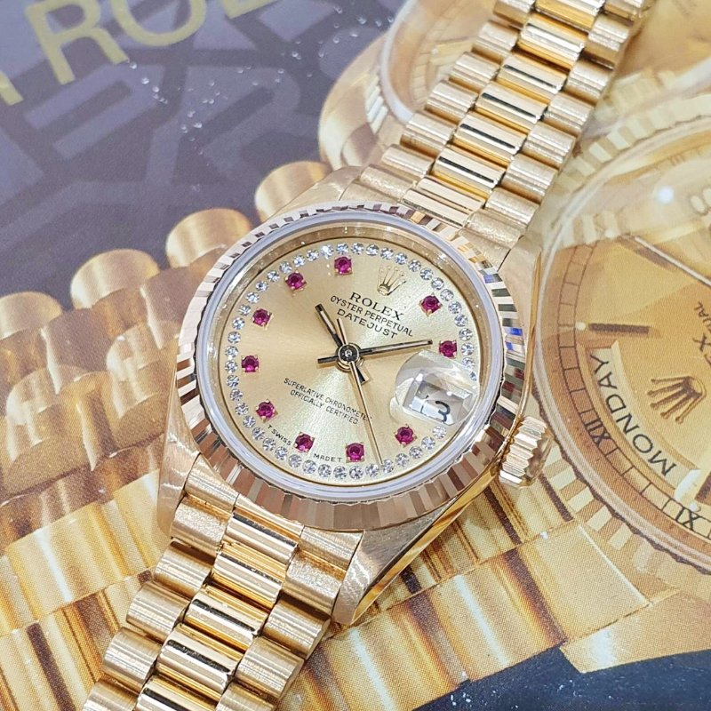 【大眾名錶】ROLEX勞力士 69178 Datejust 女錶18K蠔式 小紅寶石多層鑽面盤 太陽圈 錶徑26mm 自動上鍊 大眾名錶G271-5