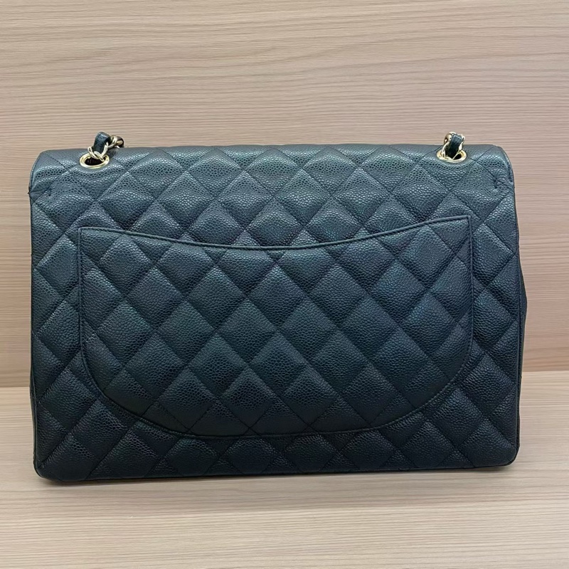 Chanel 黑金荔枝皮 超大號 cf 2011年 14開 鏈條單肩斜挎包 有塵袋 無卡無盒子 尺寸底長34*高21*寬10*-1