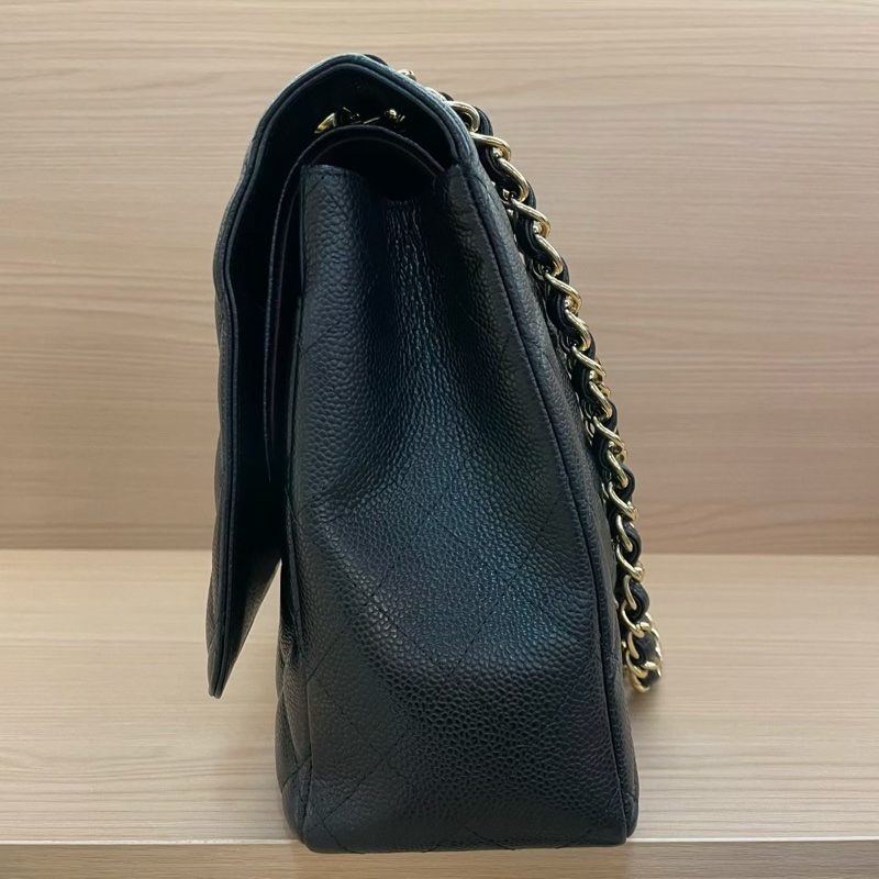 Chanel 黑金荔枝皮 超大號 cf 2011年 14開 鏈條單肩斜挎包 有塵袋 無卡無盒子 尺寸底長34*高21*寬10*-2