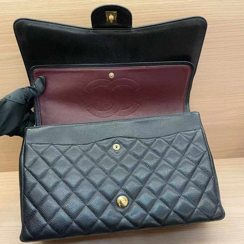 Chanel 黑金荔枝皮 超大號 cf 2011年 14開 鏈條單肩斜挎包 有塵袋 無卡無盒子 尺寸底長34*高21*寬10*-6