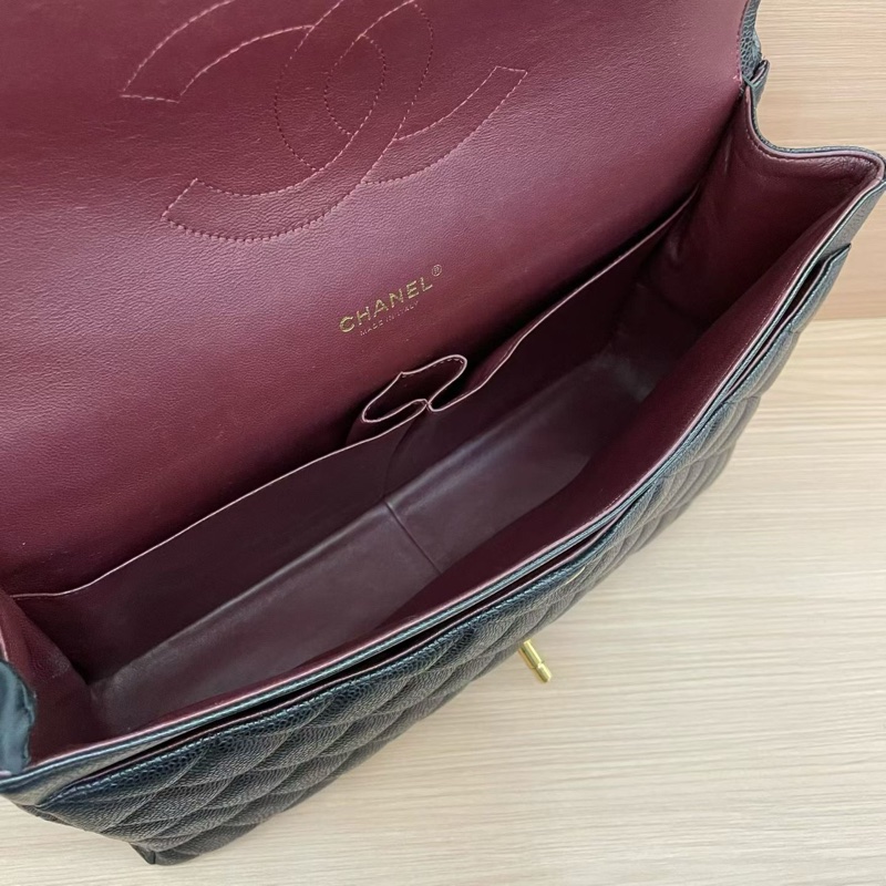 Chanel 黑金荔枝皮 超大號 cf 2011年 14開 鏈條單肩斜挎包 有塵袋 無卡無盒子 尺寸底長34*高21*寬10*-7