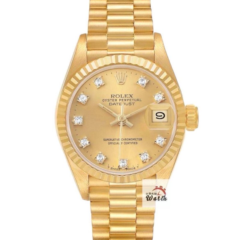 【大眾名錶】ROLEX勞力士 69178 Datejust 蠔式日誌 18K女錶 金色十鑽面盤 底蓋原廠貼紙 錶徑26mm 自動上鍊 大眾名錶B1289-0