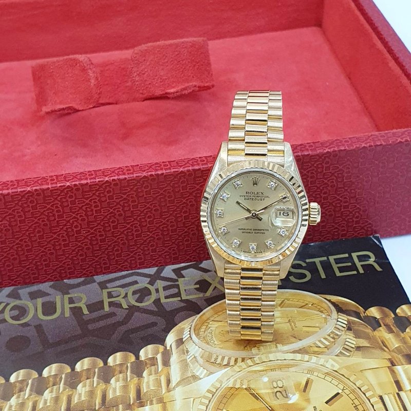 【大眾名錶】ROLEX勞力士 69178 Datejust 蠔式日誌 18K女錶 金色十鑽面盤 底蓋原廠貼紙 錶徑26mm 自動上鍊 大眾名錶B1289-3