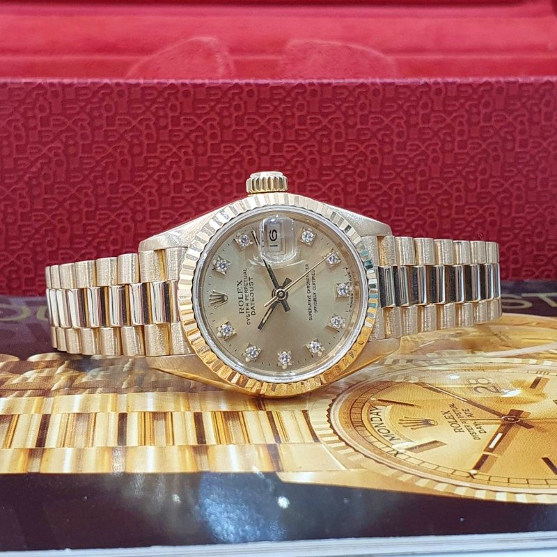 【大眾名錶】ROLEX勞力士 69178 Datejust 蠔式日誌 18K女錶 金色十鑽面盤 底蓋原廠貼紙 錶徑26mm 自動上鍊 大眾名錶B1289-4