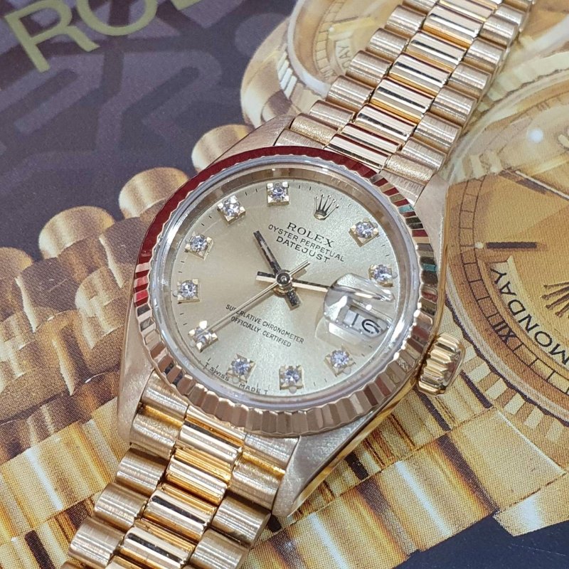 【大眾名錶】ROLEX勞力士 69178 Datejust 蠔式日誌 18K女錶 金色十鑽面盤 底蓋原廠貼紙 錶徑26mm 自動上鍊 大眾名錶B1289-8
