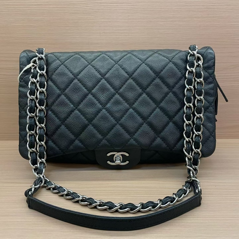 Chanel  CF黑银荔枝皮 雙拉鏈 單肩斜挎鏈條包2015年 20開 有塵袋 無卡無盒子 尺寸底長30*高15*-0