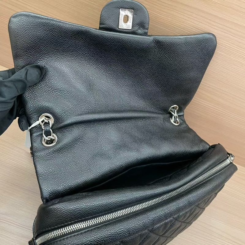 Chanel  CF黑银荔枝皮 雙拉鏈 單肩斜挎鏈條包2015年 20開 有塵袋 無卡無盒子 尺寸底長30*高15*-8