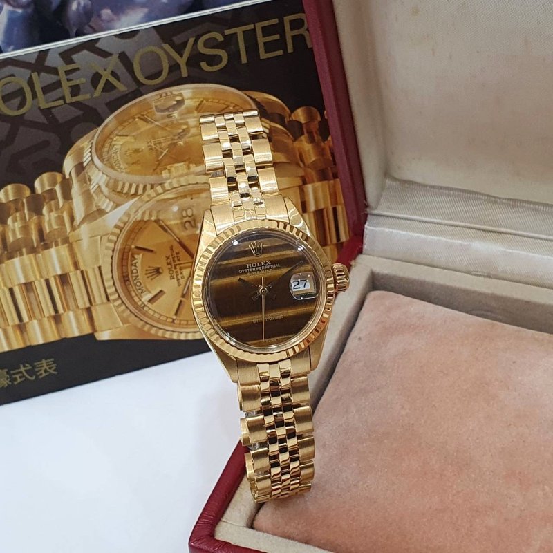 【大眾名錶】ROLEX勞力士 6917 Oyster Perpetual 蠔式 18K女款 原廠虎眼石面盤 原廠K金錶帶 錶徑26mm 自動上鍊 大眾名錶G272-1