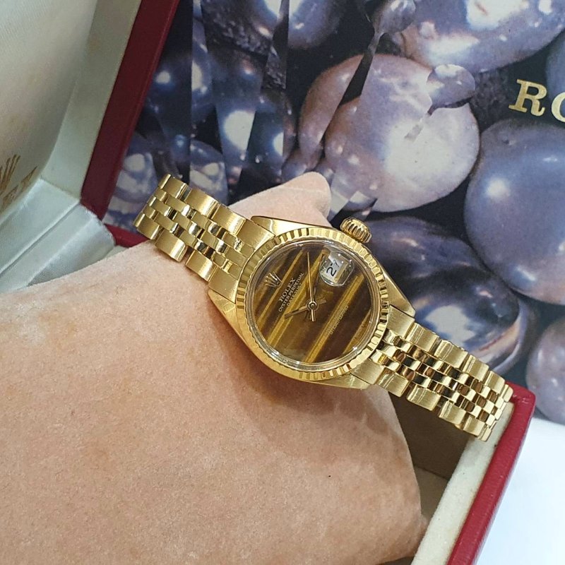 【大眾名錶】ROLEX勞力士 6917 Oyster Perpetual 蠔式 18K女款 原廠虎眼石面盤 原廠K金錶帶 錶徑26mm 自動上鍊 大眾名錶G272-2