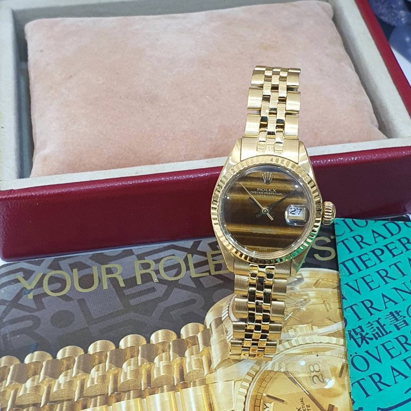 【大眾名錶】ROLEX勞力士 6917 Oyster Perpetual 蠔式 18K女款 原廠虎眼石面盤 原廠K金錶帶 錶徑26mm 自動上鍊 大眾名錶G272-3