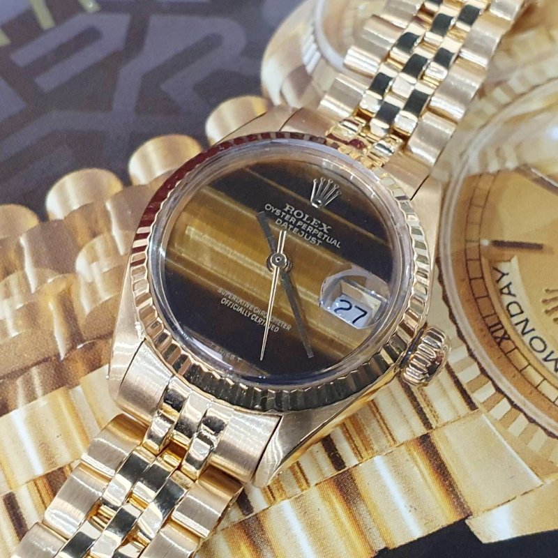 【大眾名錶】ROLEX勞力士 6917 Oyster Perpetual 蠔式 18K女款 原廠虎眼石面盤 原廠K金錶帶 錶徑26mm 自動上鍊 大眾名錶G272-5