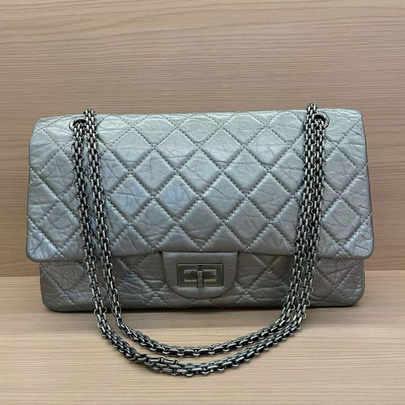 Chanel 深灰色 牛皮 双盖2.55cf大號 2011年 14開 千禧复古鏈條單肩斜挎包有塵袋 無卡無盒子 尺寸31*10*18-0