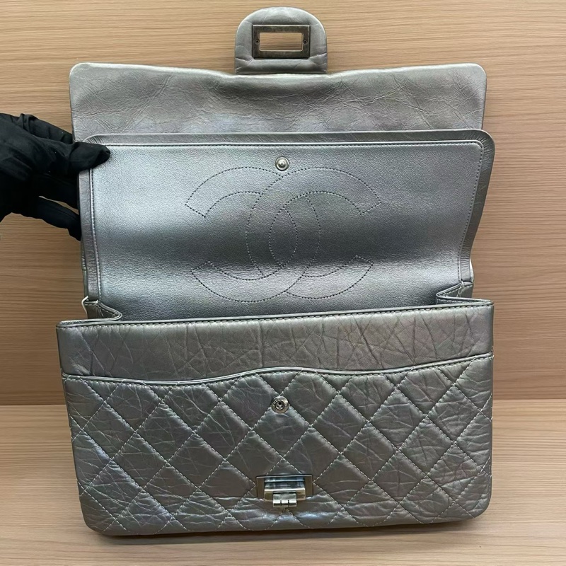 Chanel 深灰色 牛皮 双盖2.55cf大號 2011年 14開 千禧复古鏈條單肩斜挎包有塵袋 無卡無盒子 尺寸31*10*18-7