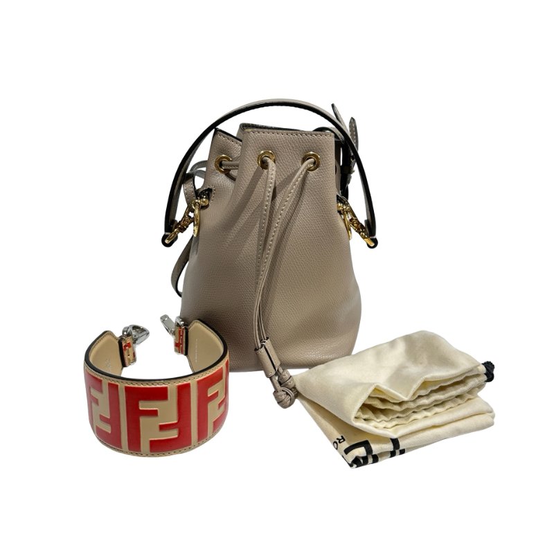 FENDI Calfskin Leather Mon Tresor Bucket Bag Grey Beige GHW-2