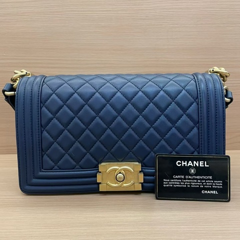 Chanel 藍金 LEBOY 羊皮 中號 菱格金扣鏈條包 有卡 有塵袋 無盒子 尺寸底長25*高15寬8*
