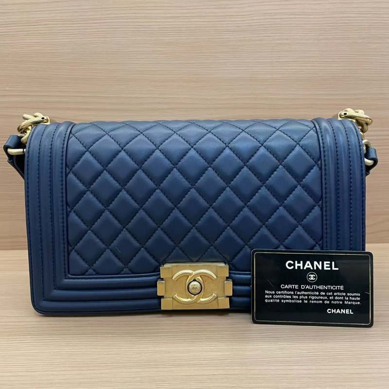 Chanel 藍金 LEBOY 羊皮 中號 菱格金扣鏈條包 有卡 有塵袋 無盒子 尺寸底長25*高15寬8*-0