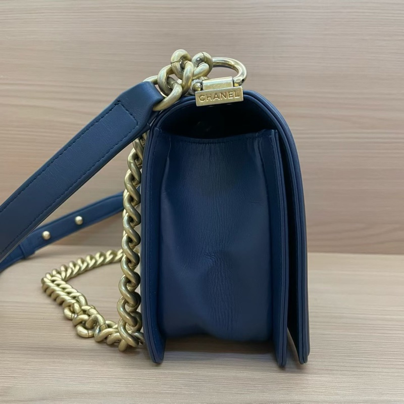 Chanel 藍金 LEBOY 羊皮 中號 菱格金扣鏈條包 有卡 有塵袋 無盒子 尺寸底長25*高15寬8*-3