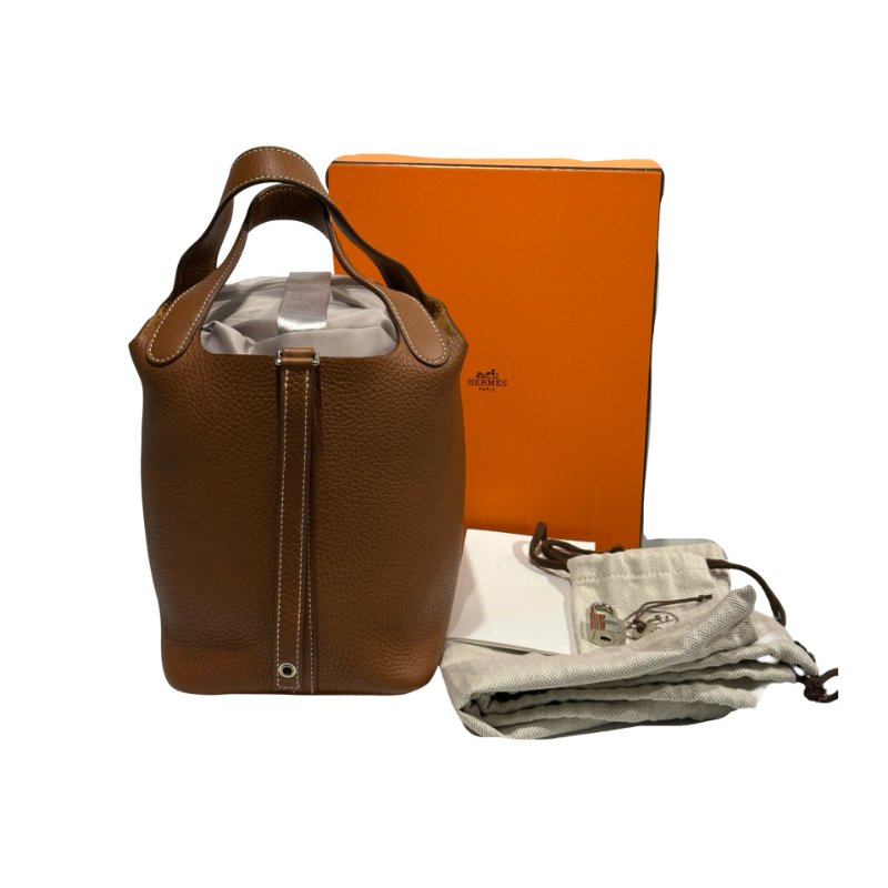HERMÈS Clemence leather Picotin Handbag Brown PHW-1