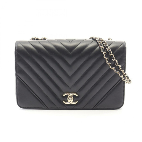 香奈兒 V 字縫線人字紋全翻蓋單肩包/手提包，羊皮，女士，黑色