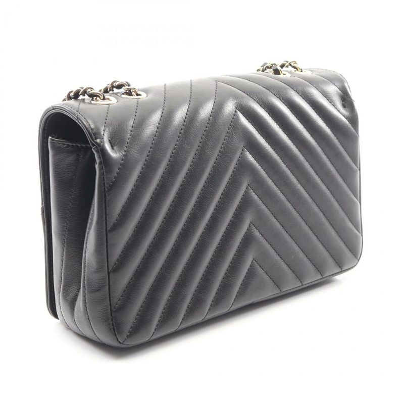 香奈兒 V 字縫線人字紋全翻蓋單肩包/手提包，羊皮，女士，黑色-1