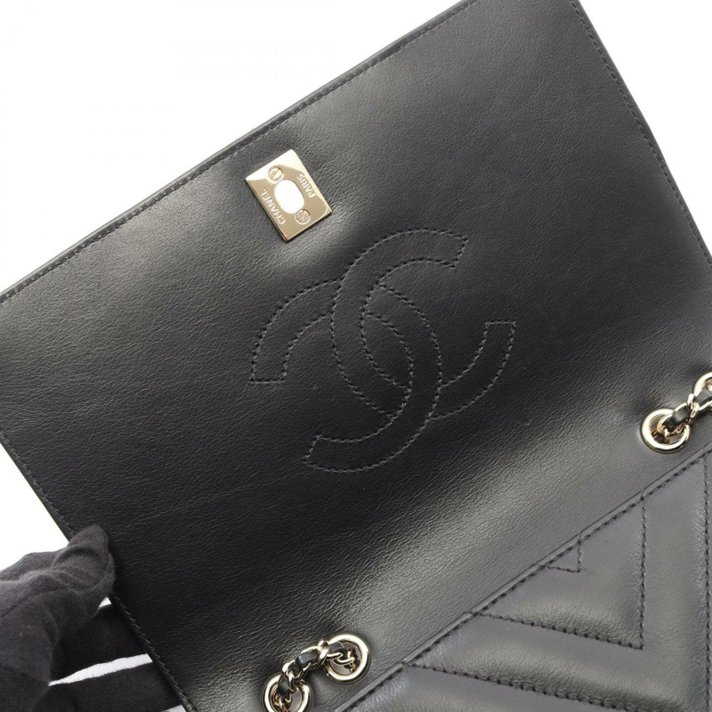 香奈兒 V 字縫線人字紋全翻蓋單肩包/手提包，羊皮，女士，黑色-5