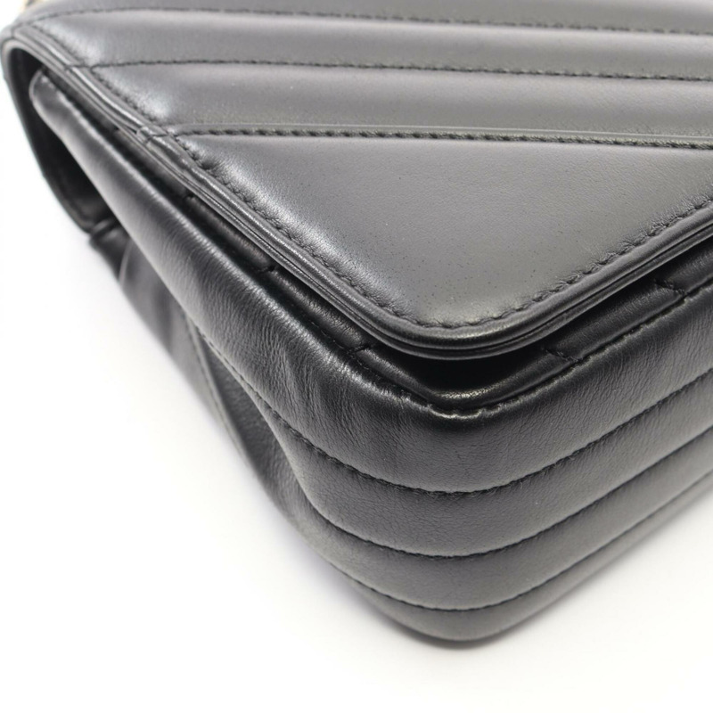 香奈兒 V 字縫線人字紋全翻蓋單肩包/手提包，羊皮，女士，黑色-6