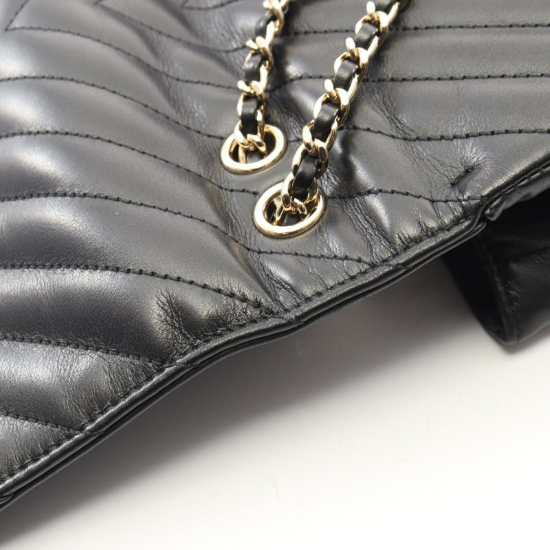 香奈兒 V 字縫線人字紋全翻蓋單肩包/手提包，羊皮，女士，黑色-7