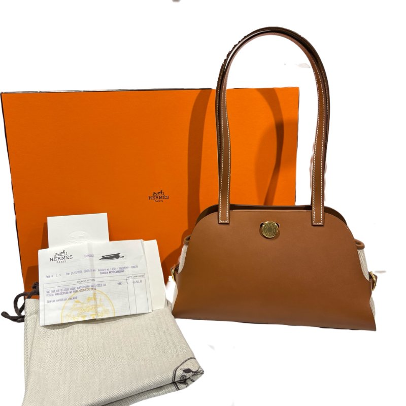 Hermès Swift leather Canvas SAC TABLIER SELLIER Shoulder Bag Brown GHW-2