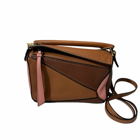Loewe Calfskin Leather Puzzle Mini Cross Body Bag Brown Pink GHW