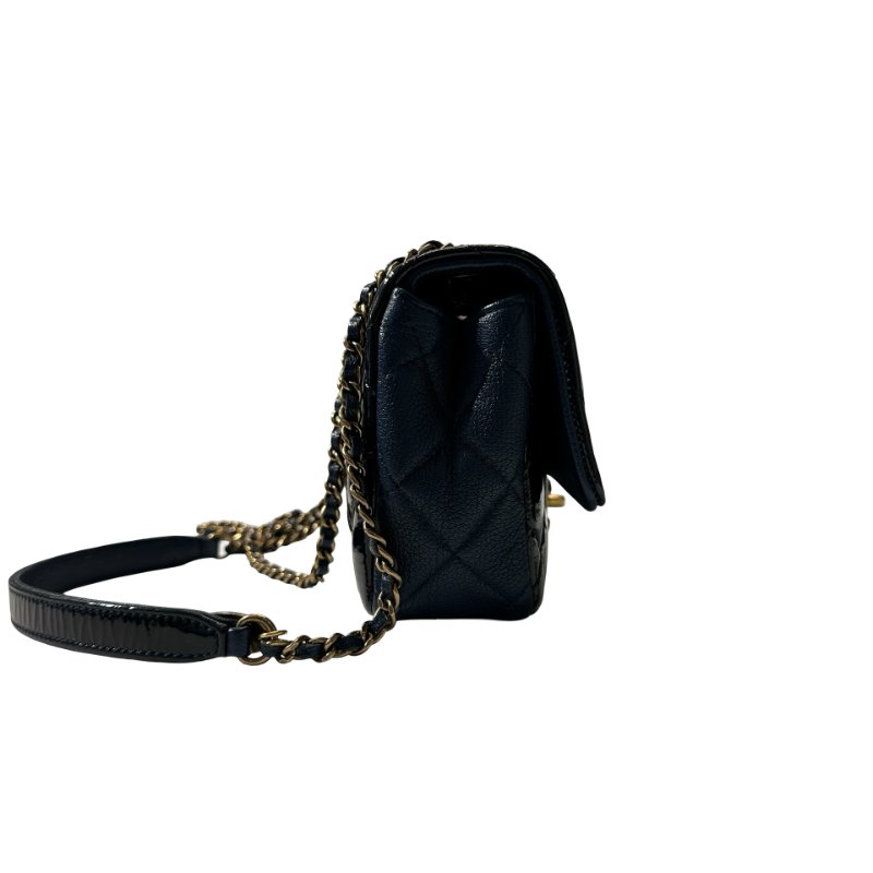 CHANEL Patent Leather MINI FLAP 20 CM Chain Shoulder Bag Navy Blue GHW-4