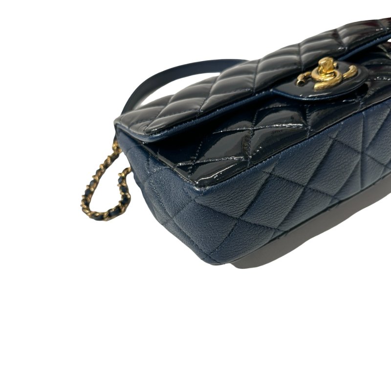 CHANEL Patent Leather MINI FLAP 20 CM Chain Shoulder Bag Navy Blue GHW-14