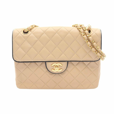 香奈兒絎縫單蓋肩背包/手提包，羊皮，女士，米色/黑色