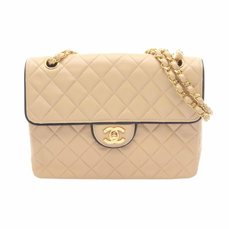 香奈兒絎縫單蓋肩背包/手提包，羊皮，女士，米色/黑色-0