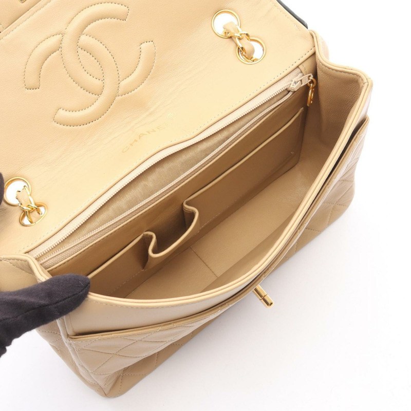 香奈兒絎縫單蓋肩背包/手提包，羊皮，女士，米色/黑色-2