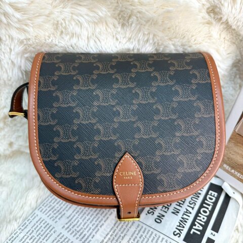 CELINE FOLCO 黃褐色 老花 塗層帆布拼牛皮 中號 馬鞍包