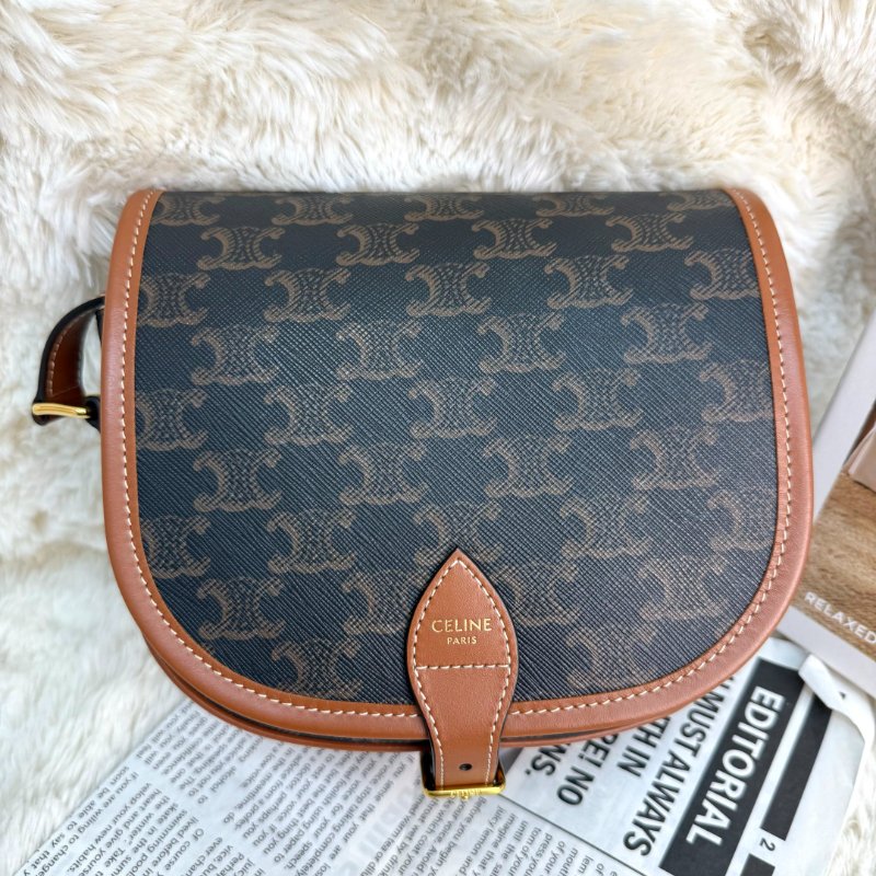 CELINE FOLCO 黃褐色 老花 塗層帆布拼牛皮 中號 馬鞍包-0