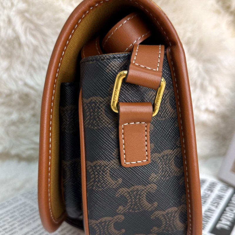 CELINE FOLCO 黃褐色 老花 塗層帆布拼牛皮 中號 馬鞍包-3