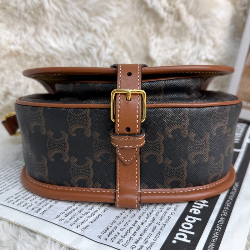 CELINE FOLCO 黃褐色 老花 塗層帆布拼牛皮 中號 馬鞍包-4