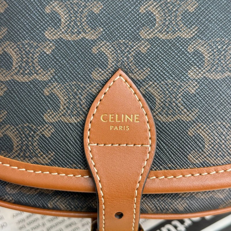 CELINE FOLCO 黃褐色 老花 塗層帆布拼牛皮 中號 馬鞍包-6