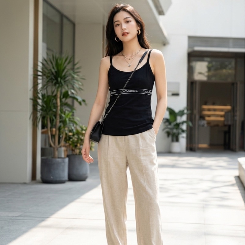 100）Dolce & Gabbana 經典 Logo 織帶黑色吊帶上衣 L-XL可穿-1