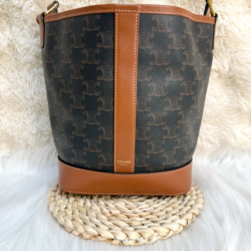 CELINE TRIOMPHE 黃褐色 老花 塗層帆布拼牛皮 小號 水桶包-1