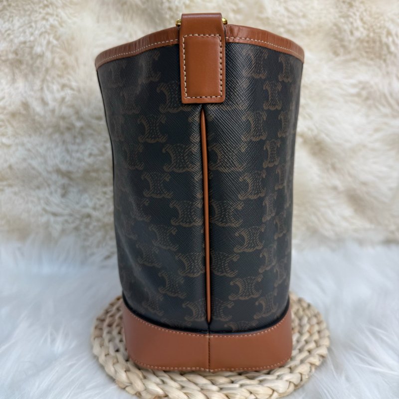 CELINE TRIOMPHE 黃褐色 老花 塗層帆布拼牛皮 小號 水桶包-2